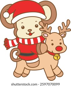 Cute Monkey christmas vector icon. Funny baby Monkey animal series christmas illustration.
baby monkey riding a reindeer

