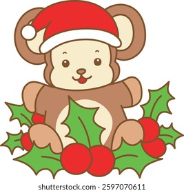 Cute Monkey christmas vector icon. Funny baby Monkey animal series christmas illustration.
baby monkey in the middle of Cherry
