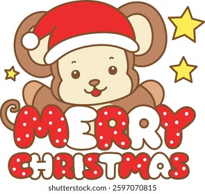 Cute Monkey christmas vector icon. Funny baby Monkey animal series christmas illustration.
baby monkey with Merry Christmas text
