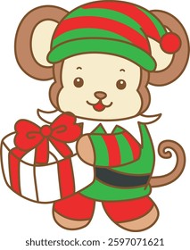 Cute Monkey christmas vector icon. Funny baby Monkey animal series christmas illustration.
baby monkey with dwarf costume