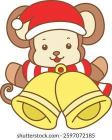 Cute Monkey christmas vector icon. Funny baby Monkey animal series christmas illustration.
baby monkey with yellow bells
