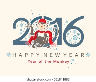 Cute Monkey in circle. 2016. New Year's card.