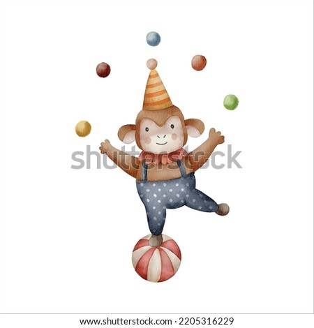 cute monkey circus carnival watercolor illustration with isolated background for kids and baby