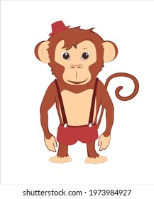 Cute monkey from circus. Dressed at shorts and small hat. Calm pose but smiling face. Flat style illustration