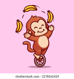 Cute Monkey Circus Playing Banana With Unicycle Cartoon Vector Icon Illustration. Animal Nature Icon Concept Isolated Premium Vector. Flat Cartoon Style