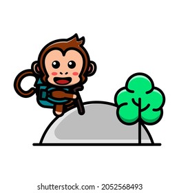 cute monkey climbing the hill icon illustration vector graphic 