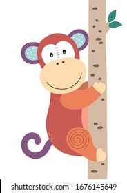 Cute monkey climbing the tree. Poster for baby room. Childish print for nursery. Design can be used for fashion t-shirt, greeting card, baby shower. Vector illustration.