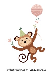 Cute monkey clipart, isolated Birthday character. Jungle, safari, tropical animal hand drawn vector illustration in flat style	