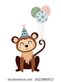 Cute monkey clipart, isolated Birthday character. Jungle, safari, tropical animal hand drawn vector illustration in flat style	