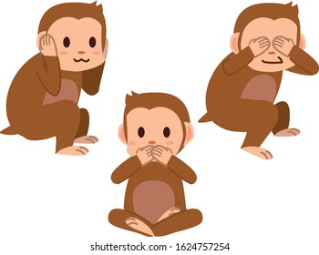 Cute monkey with closed eyes and closed ears, vector image set of three clever monkeys