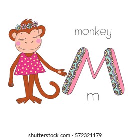 Cute monkey with closed eyes in pink dress. Letter M of the kids alphabet with elements zentangle, doodling style for children education. Vector illustration on white background