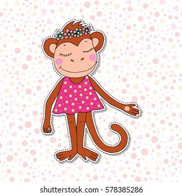 Cute monkey with closed eyes in pink dress. Can be used like sticker or for birthday cards, invitations. Animals sticker.