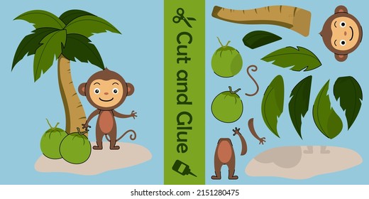 Cute monkey with coconut. education paper game for children. cut and glue. vector illustration