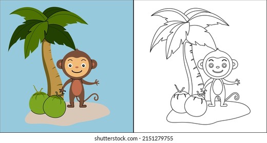 Cute monkey with coconut suitable for children's coloring page vector illustration