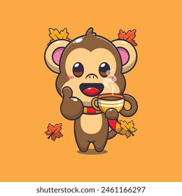 Cute monkey with coffee in autumn season. Mascot cartoon vector illustration suitable for poster, brochure, web, mascot, sticker, logo and icon.