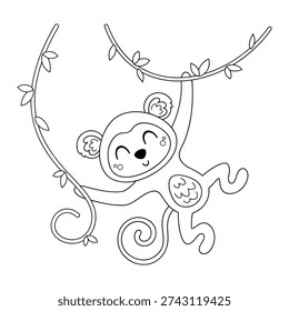 Cute monkey coloring page, Jungle animal coloring book for kids and adults, Outline art, Kawaii monkey doodle, Kids vector hand drawn graphic.
