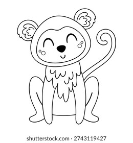 Cute monkey coloring page, Jungle animal coloring book for kids and adults, Outline art, Kawaii monkey doodle, Kids vector hand drawn graphic.