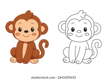 Cute monkey coloring page for kids. Jungle animal in cartoon doodle style, ideal for children’s books, preschool learning activities, printable worksheets, and educational games. 