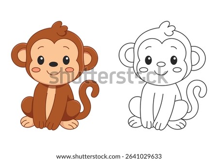 Cute monkey coloring page for kids. Jungle animal in cartoon doodle style, ideal for children’s books, preschool learning activities, printable worksheets, and educational games. 