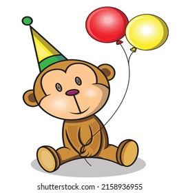 a cute monkey in a cone hat is holding two balloons