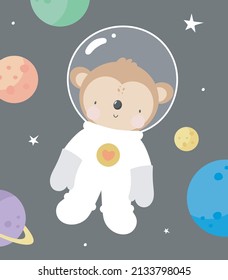 Cute Monkey Cosmonaut and planets. For kids stuff, card, posters, banners, books, printing on the pack, printing on clothes, fabric, wallpaper, textile or dishes. Vector illustration.