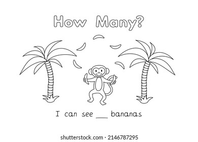 Cute monkey counting game for small children - color and count bananas. Vector coloring book pages for kids. Learning English language