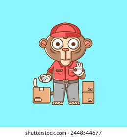 Cute monkey courier package delivery animal chibi character mascot icon flat line art style illustration concept cartoon set