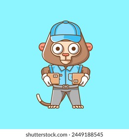 Cute monkey courier package delivery animal chibi character mascot icon flat line art style illustration concept cartoon set