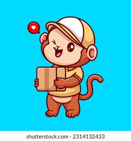 Cute Monkey Courier Shipping Package Cartoon Vector Icon Illustration. Animal Profession Icon Concept Isolated Premium Vector. Flat Cartoon Style