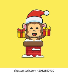 Cute monkey in cristmas day cartoon illustration 