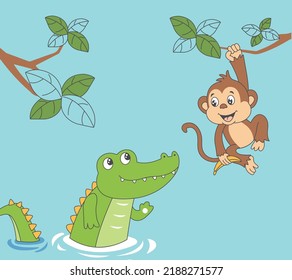 cute monkey and crocodile, cute jungle friends, cute hanging monkey, cute crocodile in pond