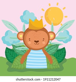 cute monkey with crown animal portrait nature landscaping vector illustration