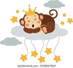 Cute monkey with crown sleeping on cloud with stars
