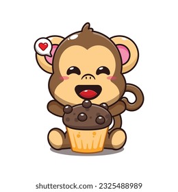 cute monkey with cup cake cartoon vector illustration.