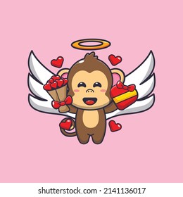cute monkey cupid cartoon character holding love gift and love bouquet