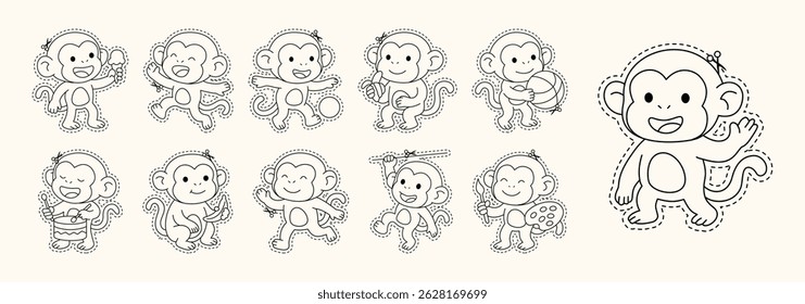 Cute Monkey Cutting Line Guide for Kids Worksheet, Monkey Eat Banana, Hanging from a Branch