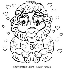 Cute monkey with decoration of four leaf clover and eye glasses for Valentine's Day. Illustration in cartoon style
