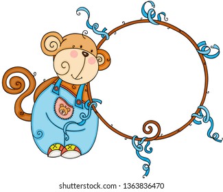 Cute monkey with decorative round frame