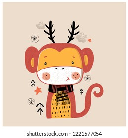 cute monkey with deer horns. hand drawn vector illustration, can be used for kid's or baby's shirt design, fashion print design, fashion graphic, t-shirt, kids wear, tee