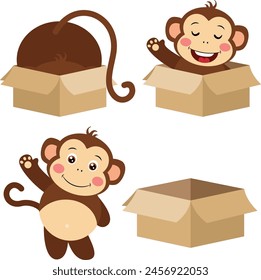 Cute monkey in different positions going out a cardboard box
