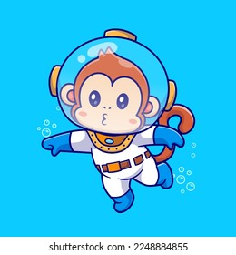 Cute Monkey Diver Cartoon Vector Icon Illustration. Animal Sport Icon Concept Isolated Premium Vector. Flat Cartoon Style