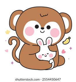 Cute monkey doll hug tiny rabbit bunny with banana.Wild and rodent animal character cartoon design.Image for sticker,baby clothing,stationary.Kawaii.Vector.Illustration.