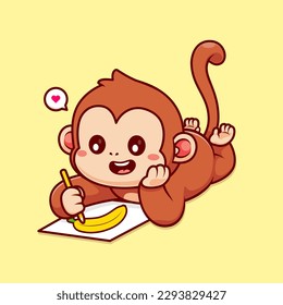 Cute Monkey Drawing Banana On Paper Cartoon Vector Icon Illustration. Animal Education Icon Concept Isolated 8 Vector. Flat Cartoon Style