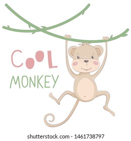Cute monkey drawn vector illustration with lettering Cool monkey. Vector illustration for the design of children's illustrations, books, posters, cards, typography, comics and banners.