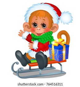 Cute monkey dressed as Santa Claus riding on a sled with gift box isolated on white background. Sketch of Christmas festive poster, party invitation, holiday card. Vector cartoon close-up illustration
