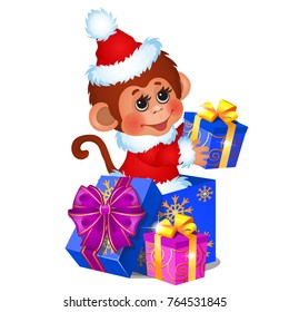 Cute monkey dressed as Santa Claus, gift boxes, ribbon bow isolated on white background. Sketch of Christmas festive poster, party invitation, other holiday card. Vector cartoon close-up illustration.