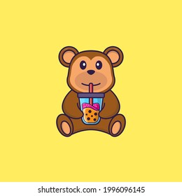 Cute monkey Drinking Boba milk tea. Animal cartoon concept isolated. Can used for t-shirt, greeting card, invitation card or mascot.