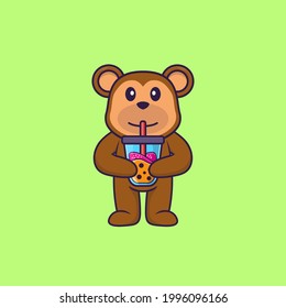 Cute monkey Drinking Boba milk tea. Animal cartoon concept isolated. Can used for t-shirt, greeting card, invitation card or mascot.