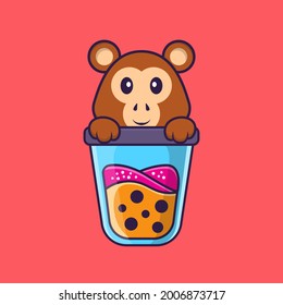 Cute monkey Drinking Boba milk tea. Animal cartoon concept isolated. Can used for t-shirt, greeting card, invitation card or mascot.