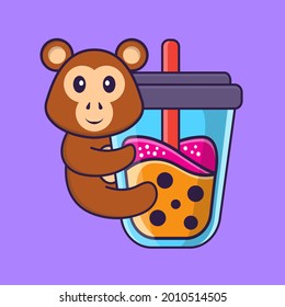 Cute monkey Drinking Boba milk tea. Animal cartoon concept isolated. Can used for t-shirt, greeting card, invitation card or mascot.